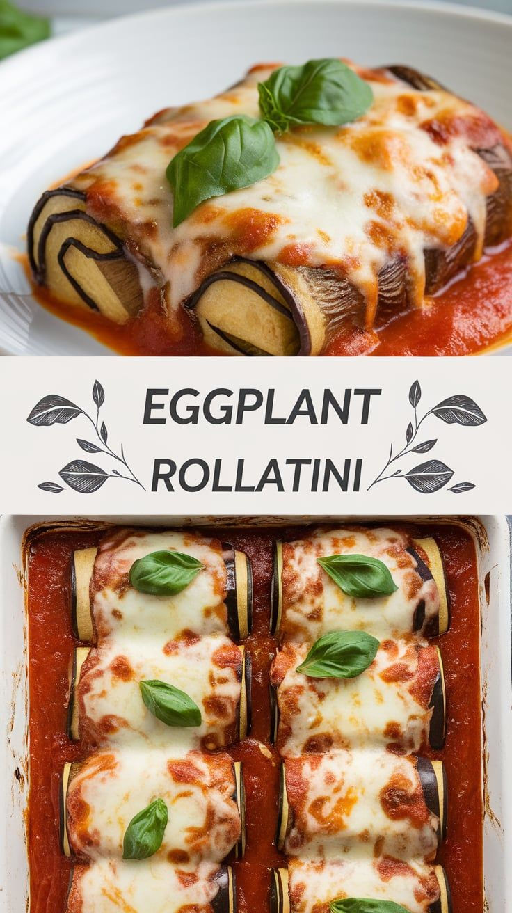 eggplant rollatini in a white dish with basil leaves on top