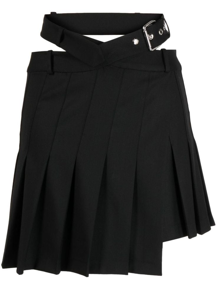 black fully pleated asymmetric design high-waisted belted waist belt loops thigh-length Mini Skirt Black, Versace Outfit, Yoko London, Asymmetrical Design, Lady Dior, Skirt Black, Waist Belt, Pleated Skirt, Denim Dress