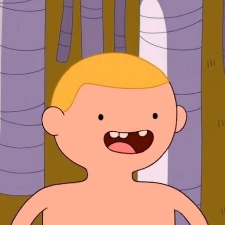 a cartoon character with no shirt standing in front of some trees and looking at the camera