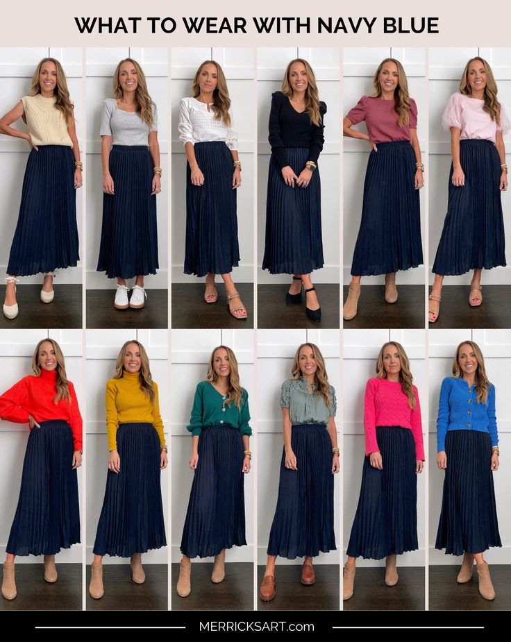 Navy Skirt Outfit, Blue Skirt Outfits, Blue Pants Outfit, Navy Blue Outfit, Colour Combinations Fashion, Color Combos Outfit, Color Combinations For Clothes, Navy Blue Skirt, Navy Outfit