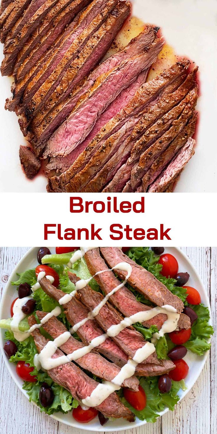 grilled flank steak on a plate with dressing