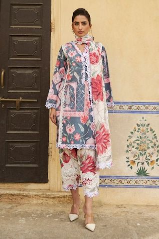 Grey kurta featuring floral print all over with lace detailing. Paired with a salwar and lotus applique detailed dupatta. - Aza Fashions Lotus Applique, Ivory Outfit, V Neck Kurta, Grey Kurta, Expensive Fashion, Salwar Pattern, Frock For Women, Indian Prints, Indian Heritage