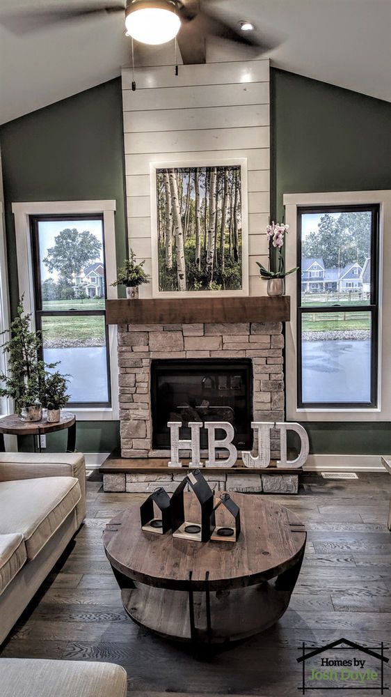 a living room filled with furniture and a fire place in the middle of a room