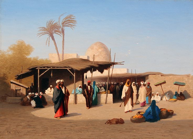 an oil painting of people in front of a hut with palm trees on the other side