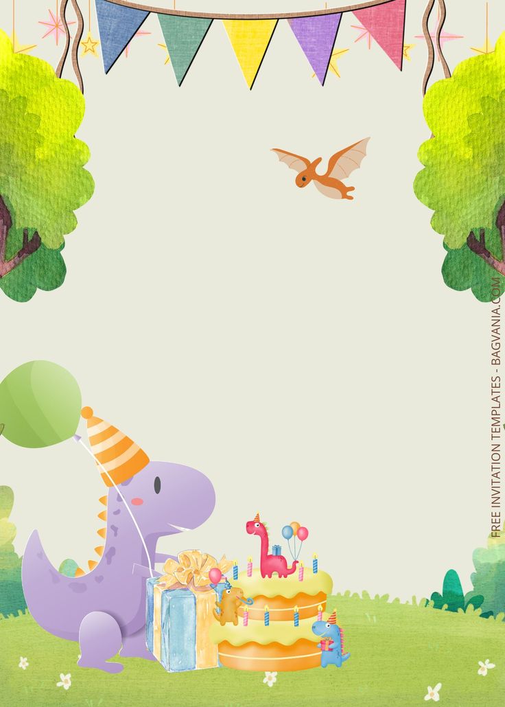 a birthday card with an image of a dinosaur and a cake in the grass, surrounded by bunting flags