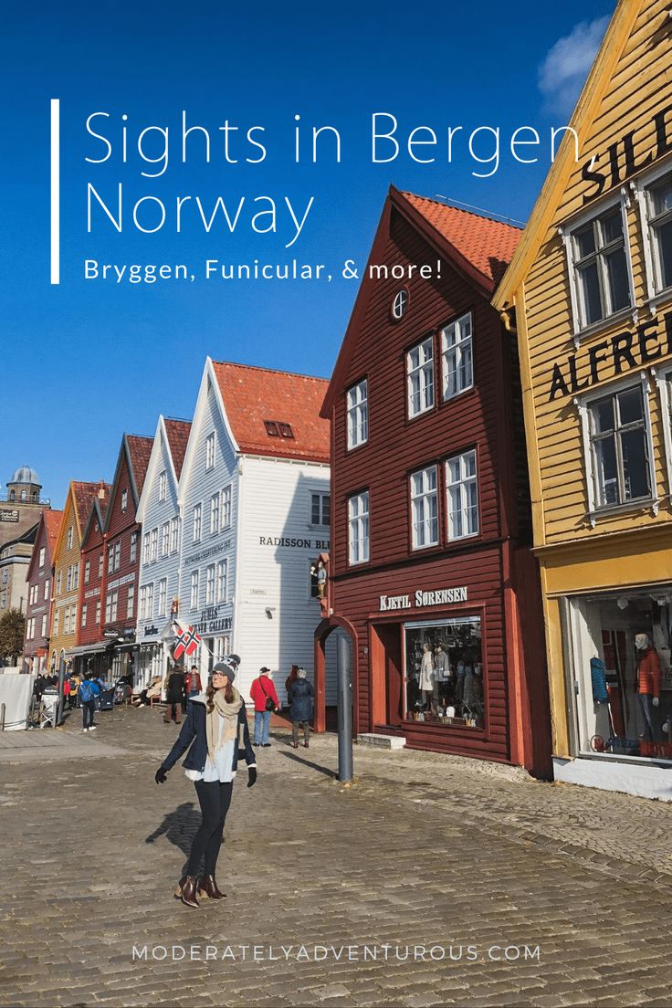 a woman walking down the street in front of colorful buildings with text that reads sights in bergen norway