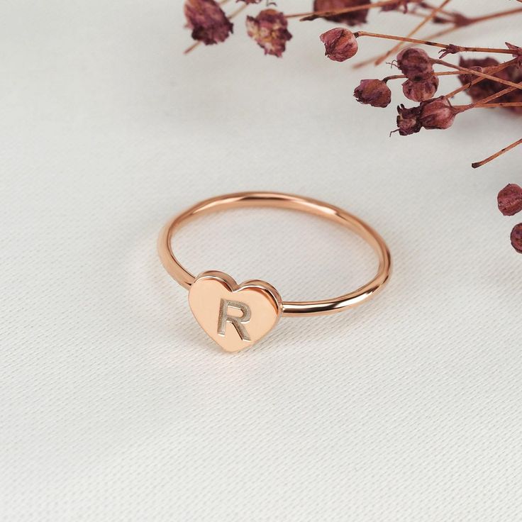 Rose Gold Initial Ring Engraved Dainty Heart Band - J F W Delicate Rose Gold Initial Ring Gift, Dainty Initial Ring For Valentine's Day, Heart-shaped Initial Ring Gift, Gold Heart-shaped Initial Ring For Gift, Valentine's Day Heart-shaped Initial Ring, Gold Initial Ring, Rose Gold Initial, Initial A, Heart Band