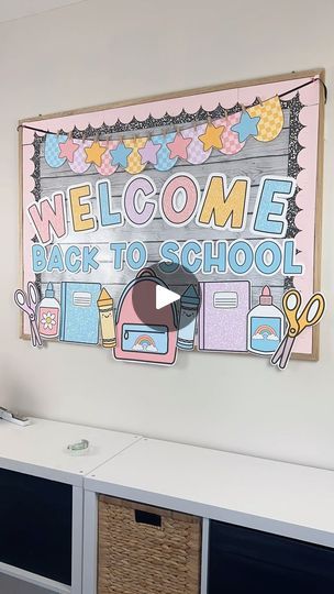 a welcome back to school sign hanging on the wall in an office area with baskets