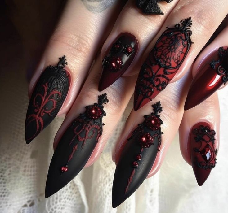 Red Wedding Nails, Gothic Nail Art, Lace Nail Design, Vampire Nails, Witchy Nails, Gothic Nails, Lace Nails, Goth Nails, Party Nails