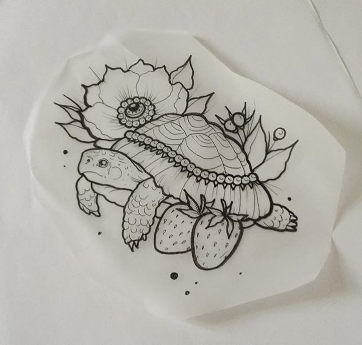 a drawing of a turtle with flowers on it's back, sitting on top of a piece of paper