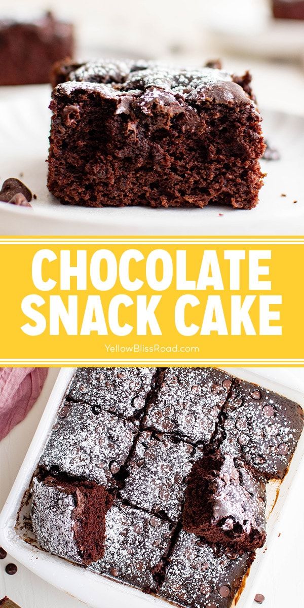 chocolate snack cake on a plate with the title above it