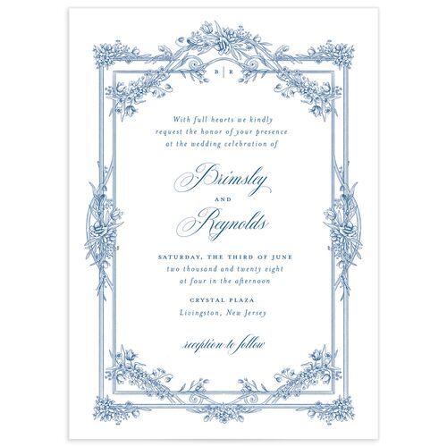 a blue and white wedding card with an ornate frame on the front, featuring flowers