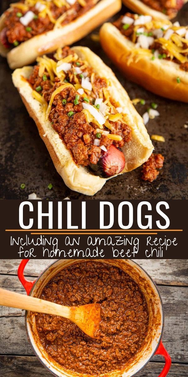 chili dogs with toppings on top and in a bowl next to it, the recipe is