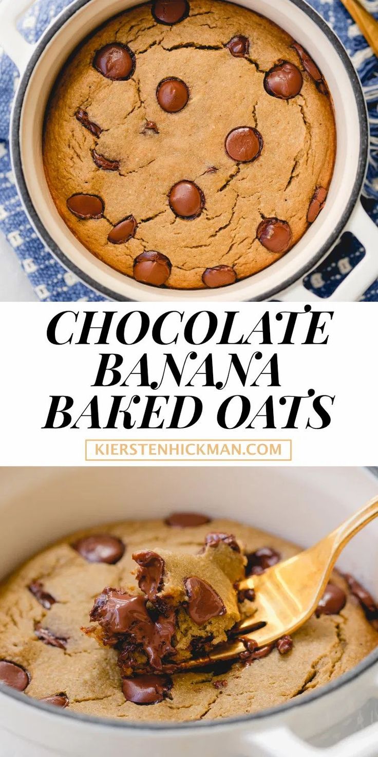 chocolate banana baked oats in a pan with a spoon