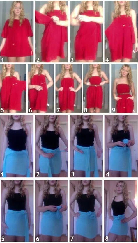 the instructions for how to wear a short red and blue dress with one shoulder cut out