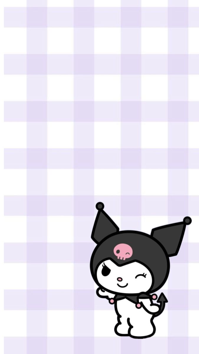 an animal with a black hat and pink nose is standing in front of a checkered background