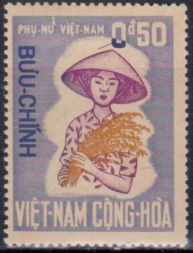 a stamp with an image of a woman holding a tree and wearing a conical hat