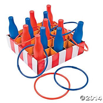 an orange and white box filled with red and blue bottles