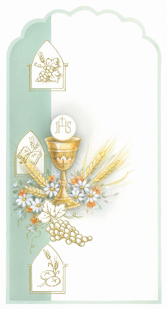 a card with an image of a chalicer and wheat on the side, surrounded by flowers