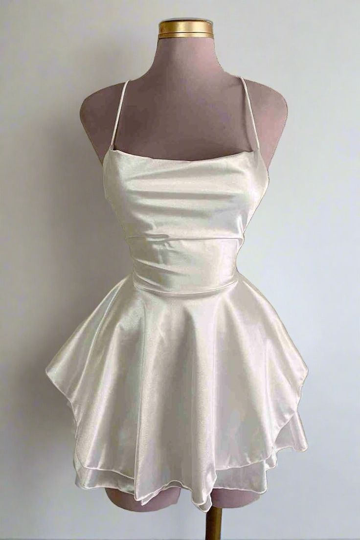 White Straps Lace-Up A-Line Short Party Dress Full shot Interesting Hoco Dresses, White Fairy Dress Short, Short A Line Dresses, Short Light Pink Dresses, A Night In Greece Homecoming Dress, Party A-line Dresses With Adjustable Straps, Silky Hoco Dress, Cute Short Dresses For Prom, Satin White Dress Short