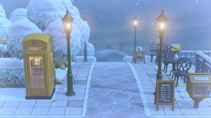 an animated image of a snowy street with two telephone booths