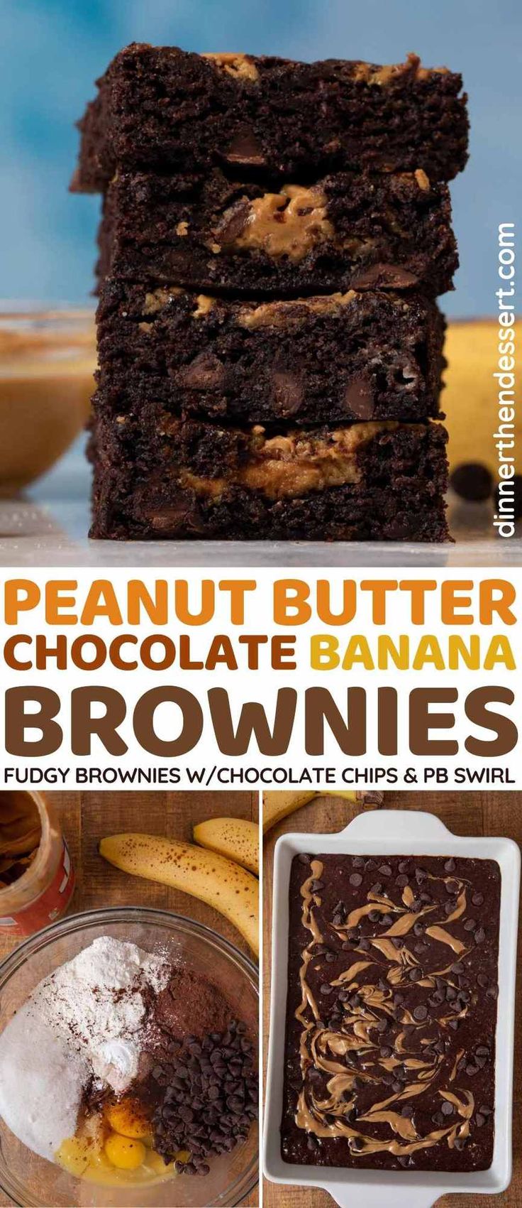 peanut butter chocolate banana brownies are stacked on top of each other, with the title above it