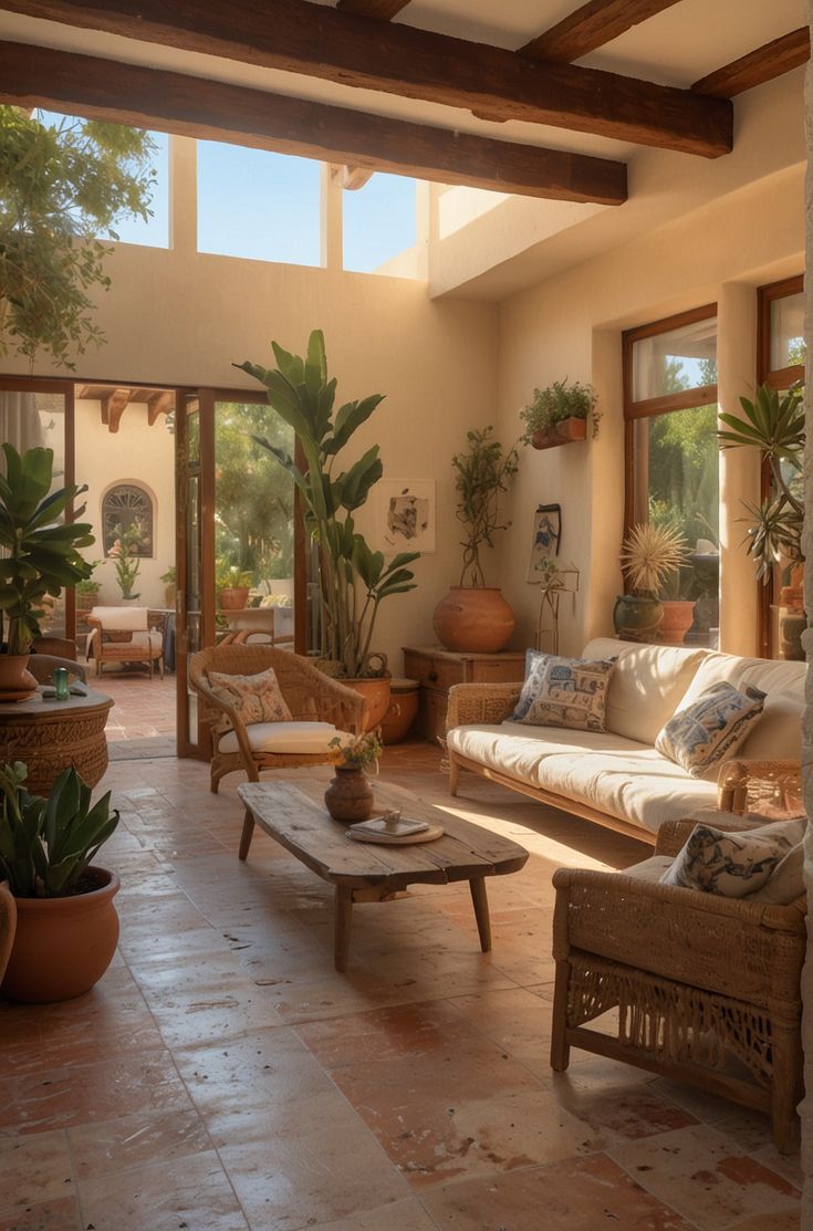 a living room filled with lots of furniture and plants