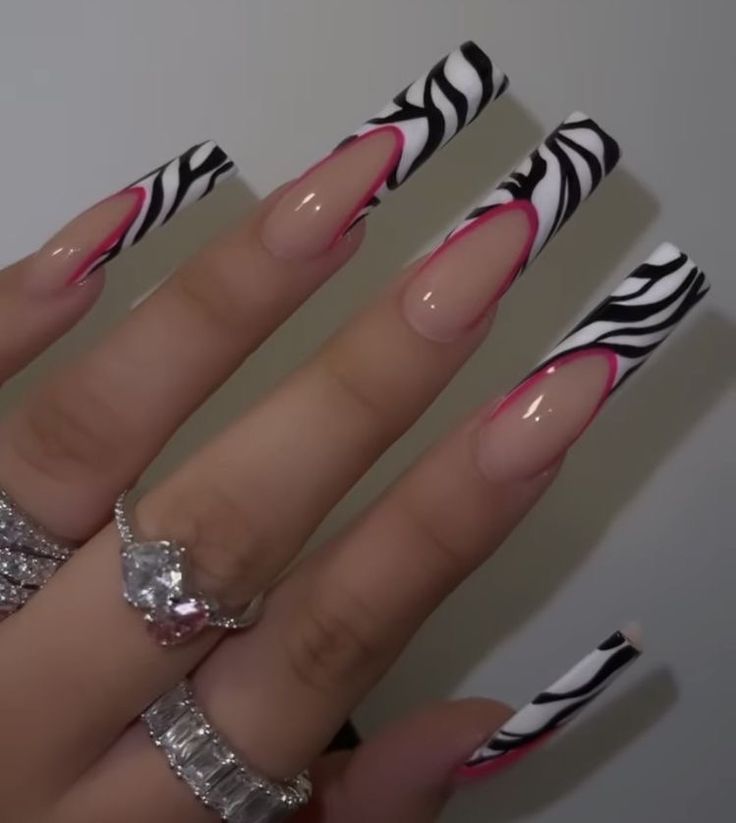 Pink And White Zebra Nails, Hot Pink Zebra Nails, Y2k Zebra Nails, Nail Designs Zebra Print, Baddie Y2k Nails, Mc Bling Nails, Y2k Stiletto Nails, Zebra Print Nails Designs, 2000 Nail Designs