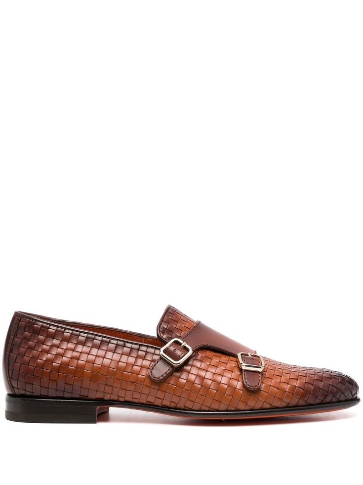 caramel brown calf leather interwoven design side buckle fastening gold-tone hardware branded insole flat leather sole Luxury Brown Monk Strap Shoes In Calf Leather, Brown Luxury Monk Strap Shoes, Luxury Brown Leather Monk Strap Shoes, Brown Slip-on Monk Strap Shoes, Luxury Semi-formal Monk Strap Shoes In Calf Leather, Double Monk Strap, Woven Shoes, Shoes Brown, Caramel Brown