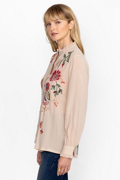 Crafted from 100% sumptuous silk, the Ruffle Collar Blouse is rich in feminine detailing and shape. Featuring smocked ruffling at the collar and sleeves, this button-down blouse is finished with vibrant floral embroidery at the front and back. Pair with sleek trousers and classic leather pumps for a polished work ensemble. Johnny Was Women's Ruffle Collar Blouse in Moonlight Brown, Size Large, Silk/Leather, Floral Beige Silk Blouse For Daywear, Luxury Blouse With Blouson Sleeves For Spring, Fall Season Beige Silk Blouse, Beige Silk Blouse For Fall, Spring Silk Blouse With Floral Embroidery, Formal Fall Blouse With Floral Embroidery, Luxury Spring Blouse For Daywear, Luxury Spring Daywear Blouse, Spring Embroidered Silk Blouse