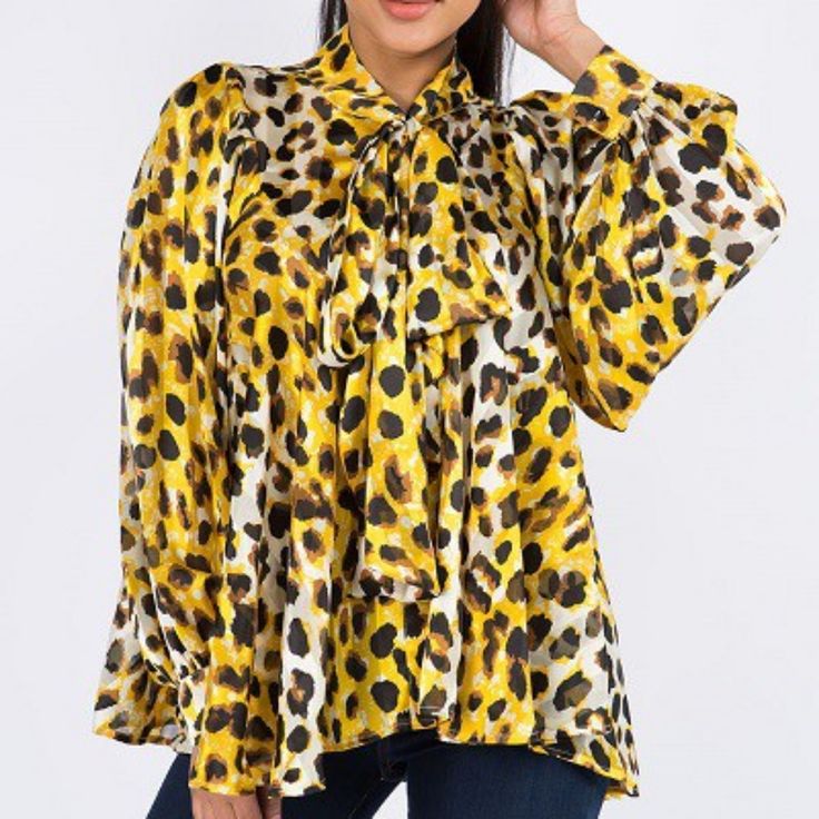 Leopard Print Of Yellow Gold, Black, Brown, White Long Bishop Sleeves With Single Button Cuffs Bow Tie Neckline Button Down Front True To Size, Flowy Fit Striped, Alternating Semi-Sheer And Satiny Fabric Yellow Casual Party Blouse, Casual Yellow Party Blouse, Yellow Party Tops For Fall, Chic Mustard Blouse For Fall, Trendy Yellow Fall Blouse, Chic Yellow Fall Top, Yellow Long Sleeve Blouse For Fall, Chic Yellow Blouse With Button Closure, Yellow Long Sleeve Office Tops