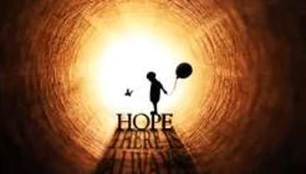 the silhouette of a person holding a balloon in front of a light that says hope