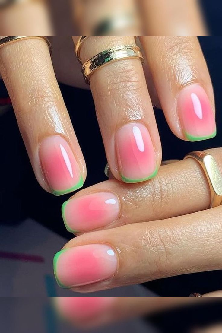 Get a taste of summer with these tropical watermelon nails! These vibrant and juicy-looking nails are perfect for those hot summer days. The adorable green micro-French rind adds a playful touch to the overall design. Get ready to make a fruity statement with these refreshing watermelon nails. 💅🏼🍉 // Photo Credit: Instagram @freshsends Fun Chrome Nails Summer, Watermelon Nail Designs, Watermelon Nail Art, Sugar Nails, Watermelon Nails, Nagellack Trends, Blush Nails, Dipped Nails, Hot Nails