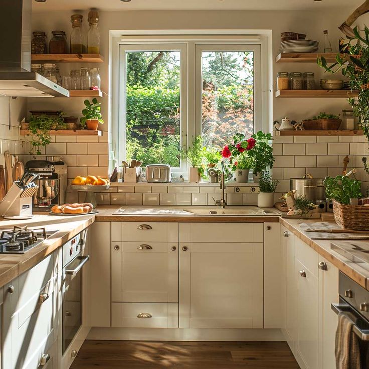 a kitchen filled with lots of counter top space next to a sink and stovetop oven