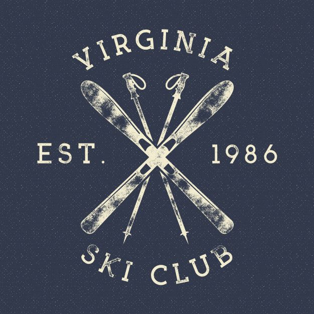 crossed skis with the words written in white on a dark blue background, vintage style