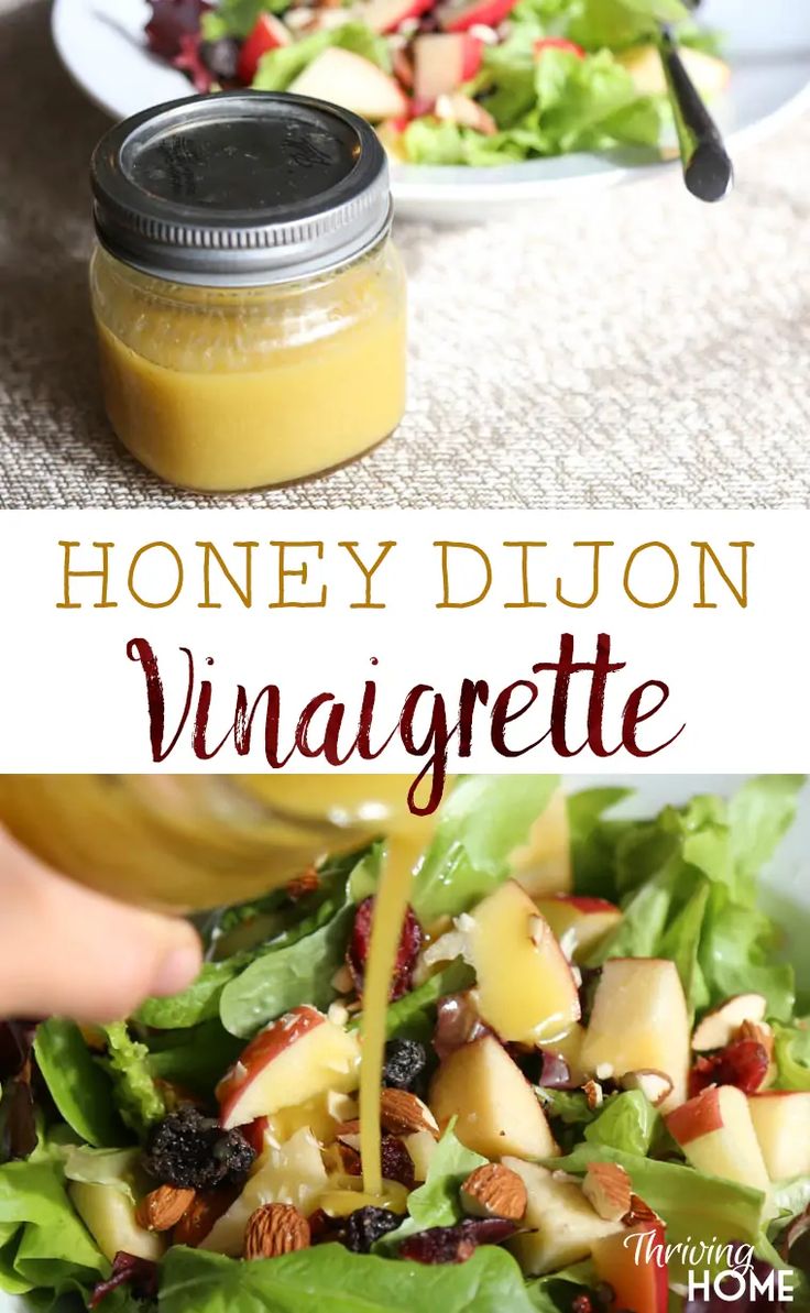 honey dijon vinaigrete dressing is being poured onto a salad