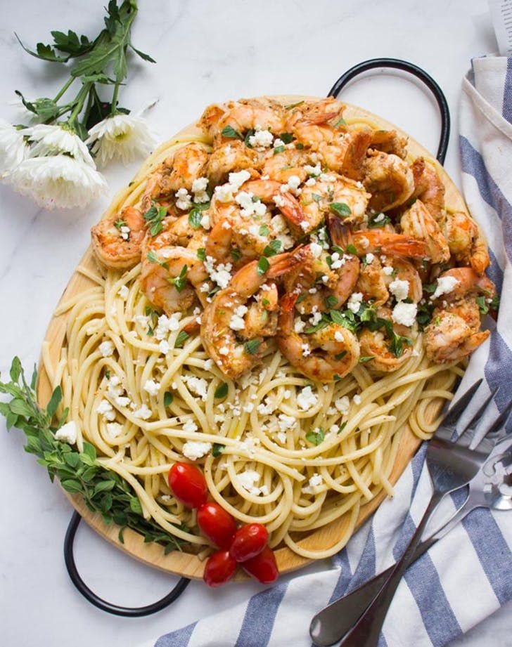 pasta with shrimp, fettuccine and parmesan cheese