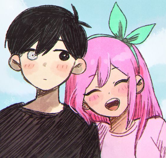 two people with pink hair and green leaves on their heads are looking at each other