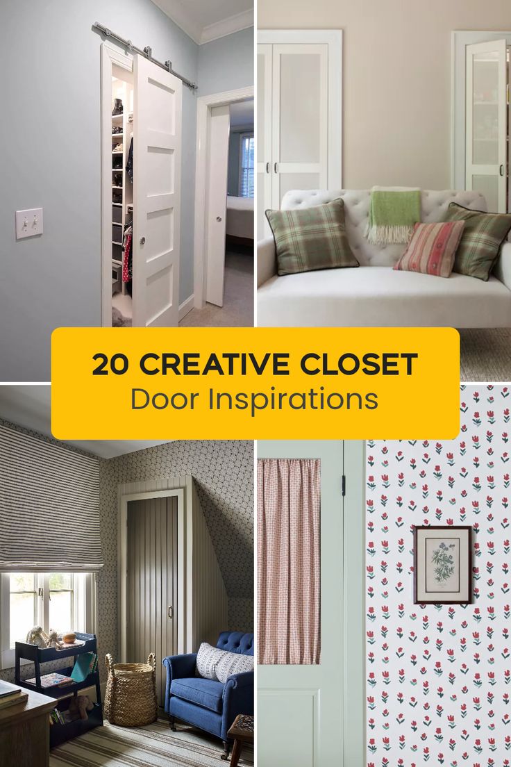 four different pictures with the words creative closet door instructions on them and images of living room furniture