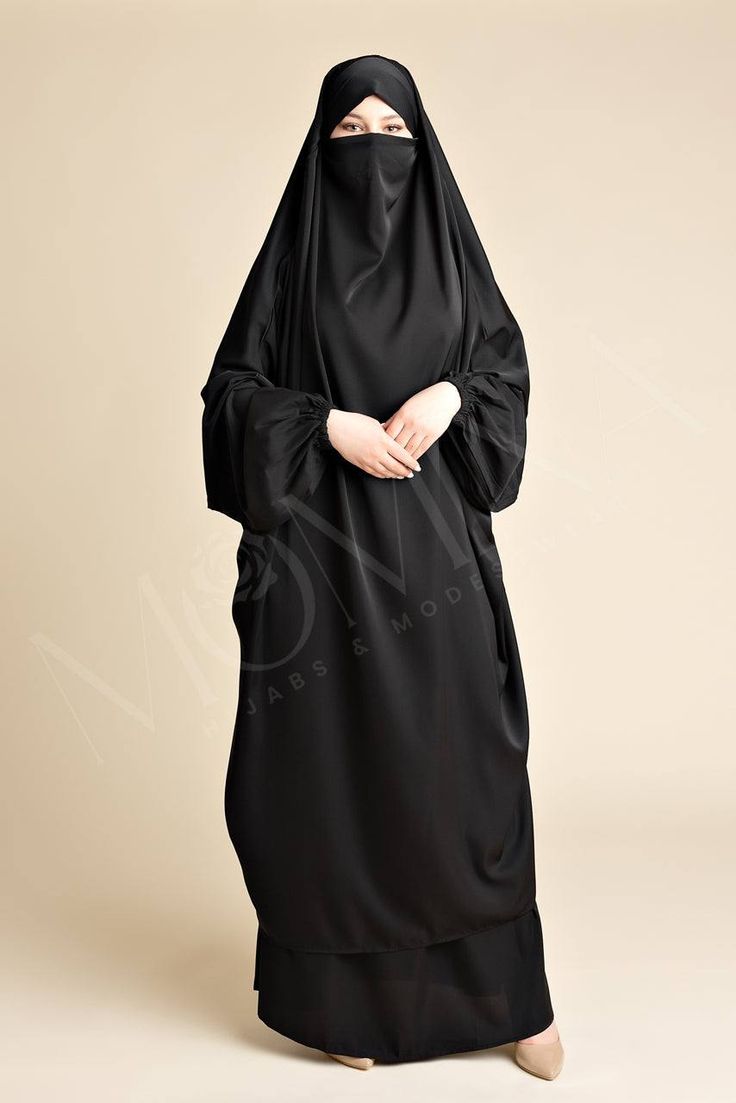 Classic Luxe Two Piece Jilbab - Arwaa - Momina Hijabs Modest Black Khimar, Black Long Khimar For Eid, Black Khimar For Eid, Black Long Sleeve Khimar For Eid, Long Sleeve Black Khimar For Eid, Black Long Sleeve Hijab For Eid, Modest Black Abaya With Long Sleeves, Modest Black Long Sleeve Khimar, Modest Long Sleeve Black Khimar