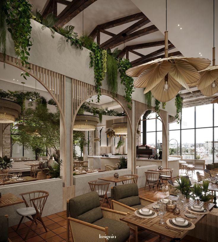 a restaurant with tables, chairs and hanging plants