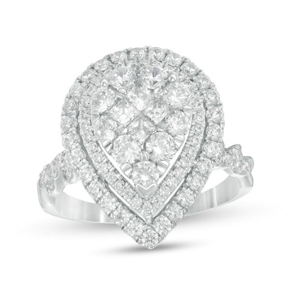 Bursting with sparkle, this diamond engagement ring makes a stunning statement of love. Created in 14K white gold, this glamorous style features a pear-shaped composite of princess-cut and round diamonds - the largest being 1/10 ct. round stones - shimmering in a double diamond-lined frame. Adding elegance, the twist ribbons of the sculpted shank glisten with diamonds. Compelling with 2 cts. t.w. of diamonds and a bright polished shine, this engagement ring confidently expresses your affection. White Pear-shaped Cluster Ring Fine Jewelry, White Pear-shaped Cluster Ring, Pear-shaped White Cluster Ring Fine Jewelry, White Pear-shaped Diamond Ring With Halo Setting, White Gold Pear-shaped Cluster Ring With Diamond Accents, White Pear-shaped Diamond Cut Cluster Ring, Pear-shaped White Gold Cluster Ring With Diamond Accents, Pear-shaped White Diamond Cluster Ring, Pear-shaped Cluster Ring With Diamond Accents