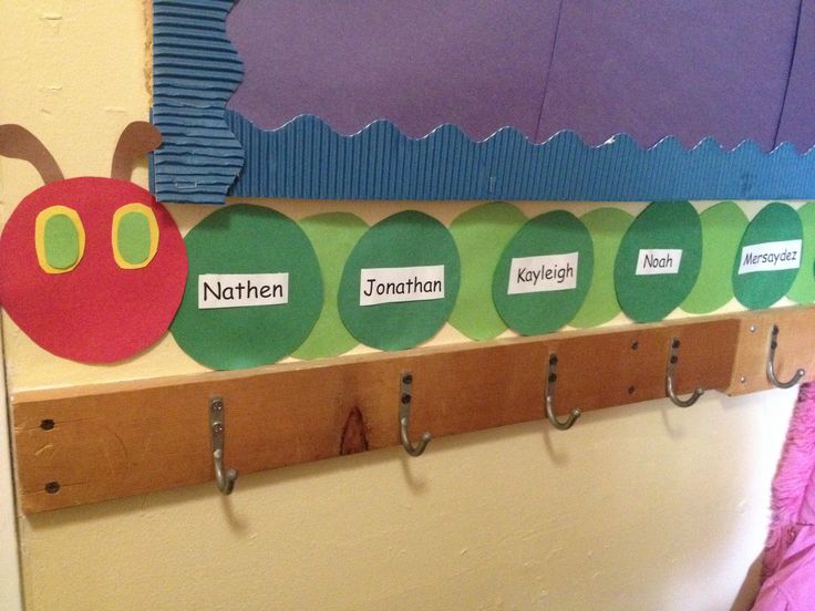 the very hungry caterpillars are hanging on the coat rack in the children's room