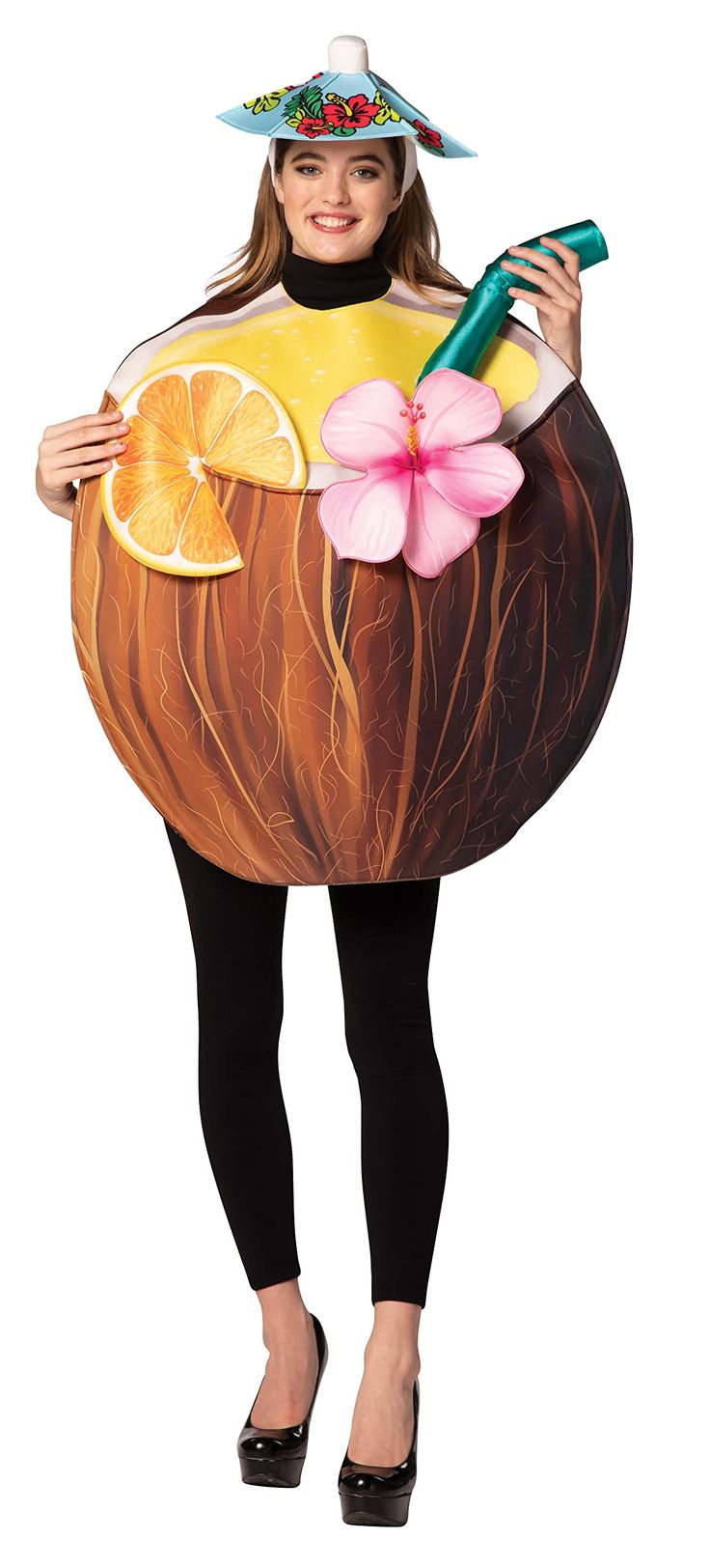 a woman wearing a costume made to look like a fruit bowl with oranges and lemons in it