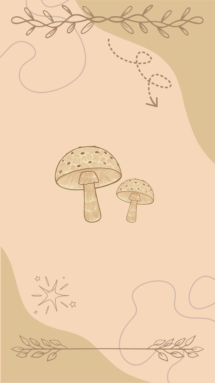 a drawing of two mushrooms in the middle of a field with an arrow pointing up at them