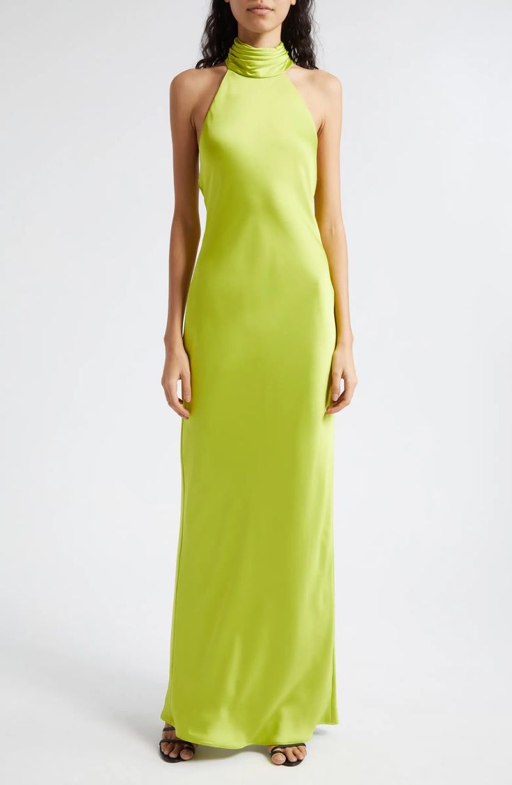 Ramy Brook Tatiana Halter Neck Satin Gown | Nordstrom Sleek Satin Maxi Dress, Sleek Satin Finish Maxi Dress For Prom, Sleek Satin Maxi Slip Dress, Sleeveless Satin Finish Gown For Night Out, Sleek Satin Maxi Dress For Evening, Sleek Satin Maxi Evening Dress, Sleek Satin Maxi Dress With Satin Finish, Satin Halter Neck Slip Dress With Back Opening, Sleek Halter Neck Satin Slip Dress