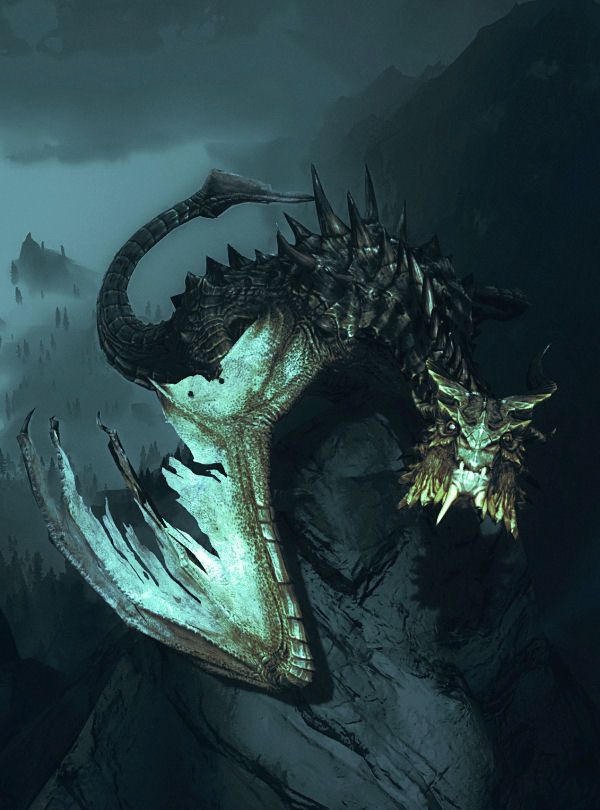 an image of a dragon with horns on it's head in the middle of a mountain