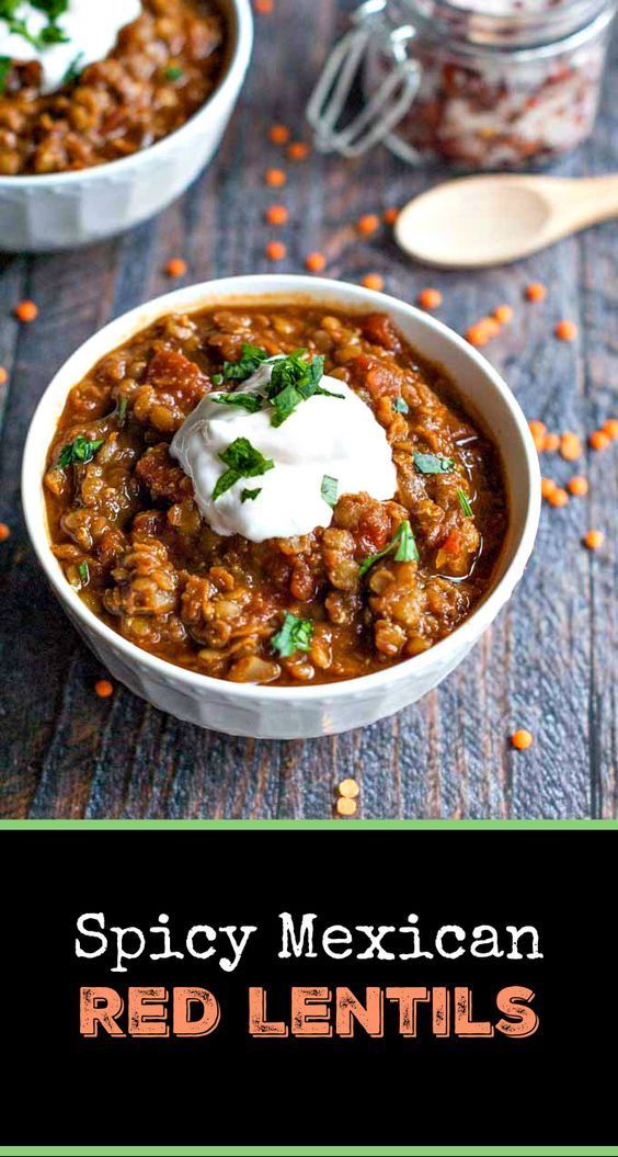 spicy mexican red lentils with sour cream on top