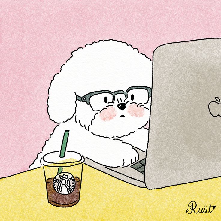 a drawing of a dog sitting in front of a laptop computer with a cup of coffee next to it