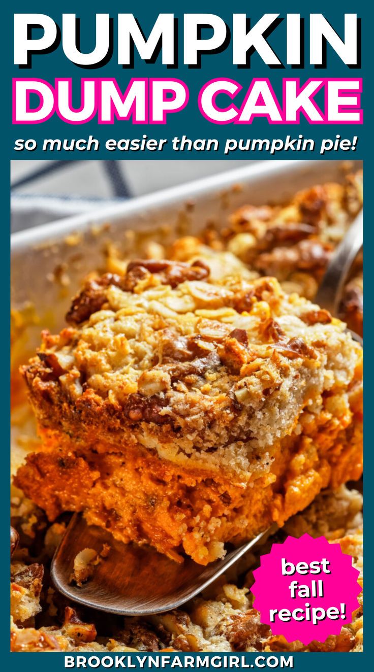 a close up of a plate of pumpkin dump cake with a spoon in it and text overlay that reads, pumpkin dump cake so much easier than pumpkin pie